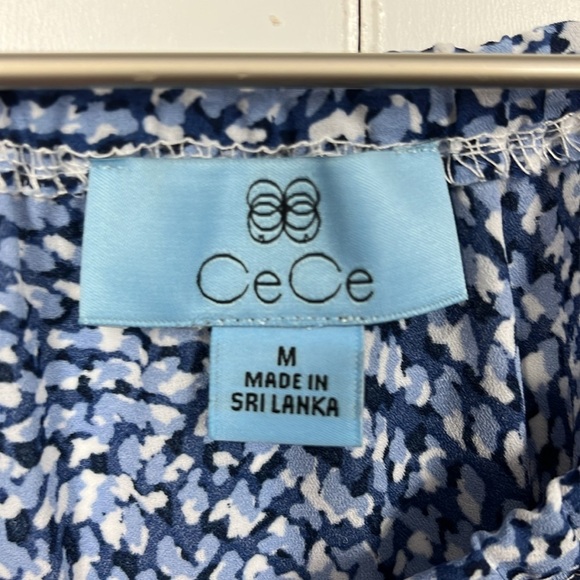 CeCe Women Blouse M Blue White Tier 3/4 Sleeves Stretch Waist w/Tie Off-Shoulder - Picture 2 of 11
